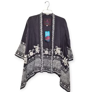 JOHNNY WAS Embroidered Linen Open Cardigan Gray White Boho Top Small